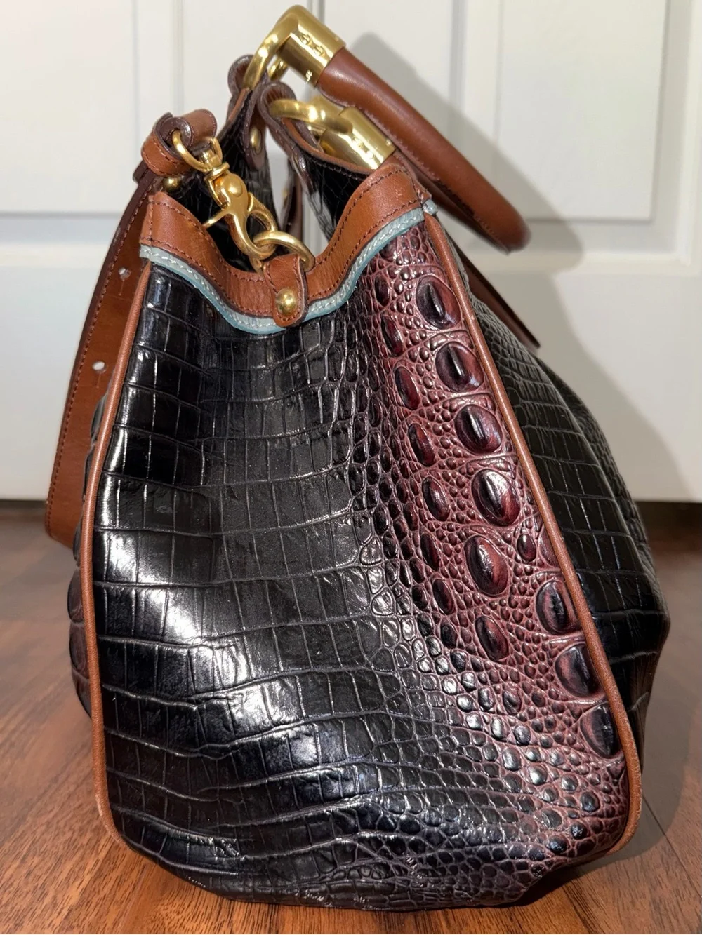 Brahmin Elisa Melbourne Croc Embossed Leather Footed Satchel Shoulder Strap